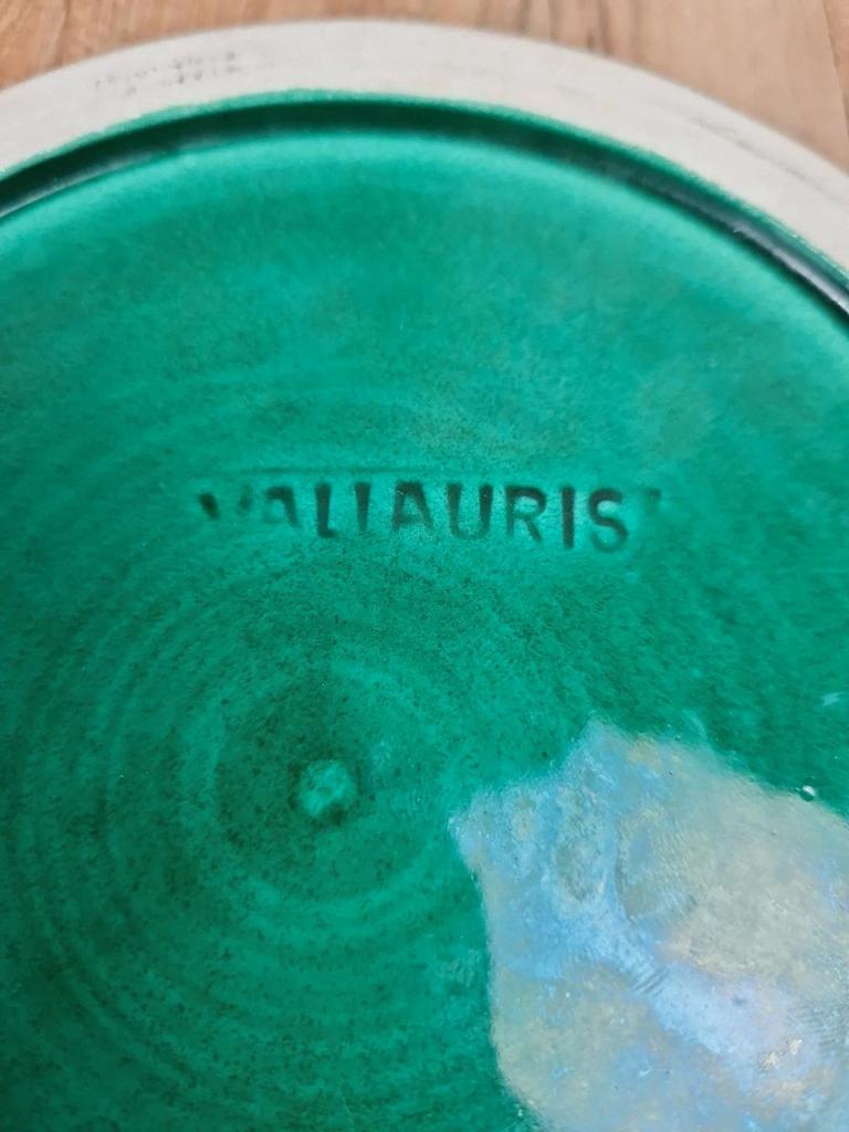 💚 Ensemble Vallauris vert émaillé – centre de table & dessous de bouteille vintage