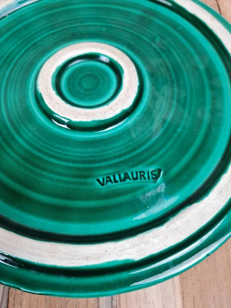 💚 Ensemble Vallauris vert émaillé – centre de table & dessous de bouteille vintage