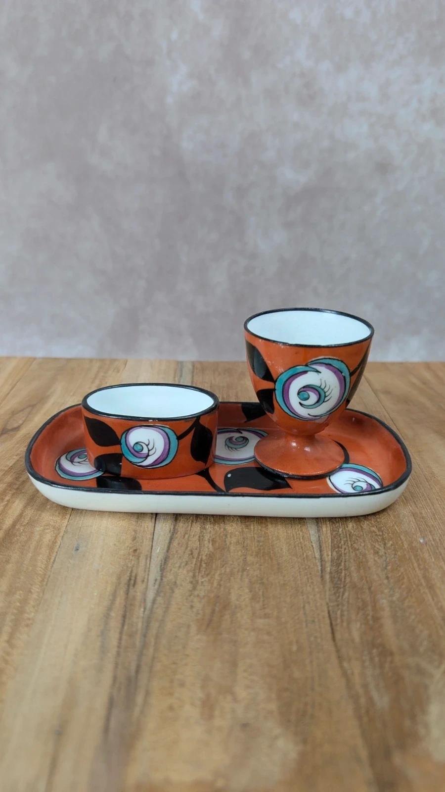 Ensemble vintage peint à la main – plateau + cocotier + mini ramequin