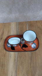 Ensemble vintage peint à la main – plateau + cocotier + mini ramequin