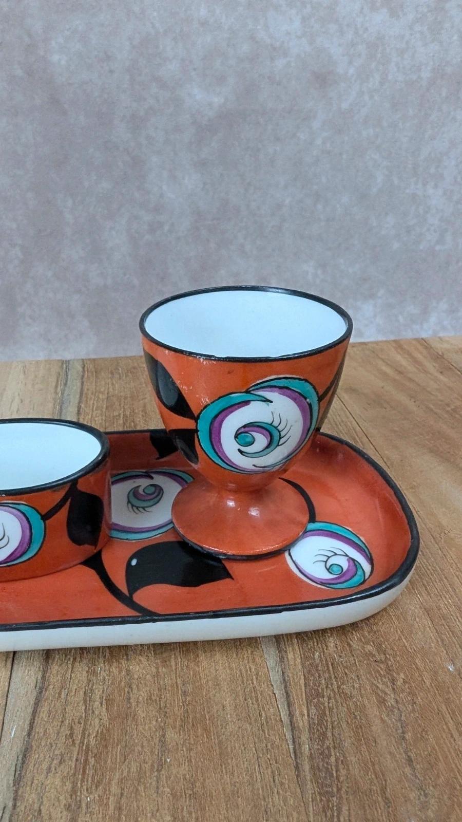 Ensemble vintage peint à la main – plateau + cocotier + mini ramequin