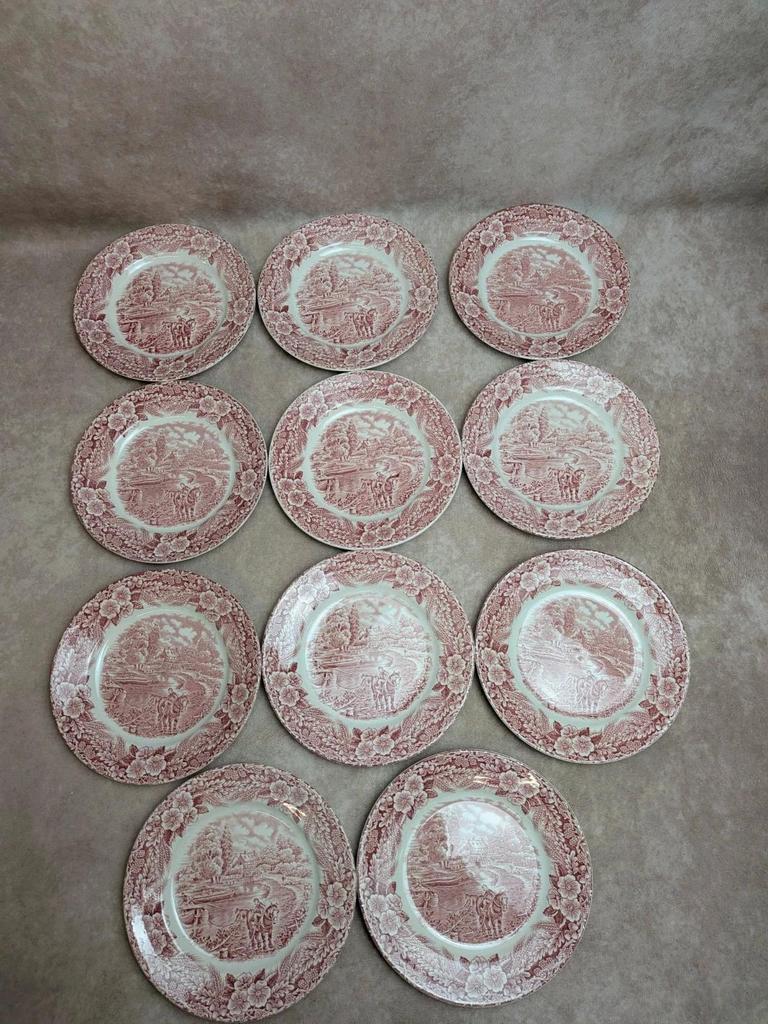 Assiettes à dessert anglaises terre de fer J Broadhurst Constable Series toile de Jouy rouge