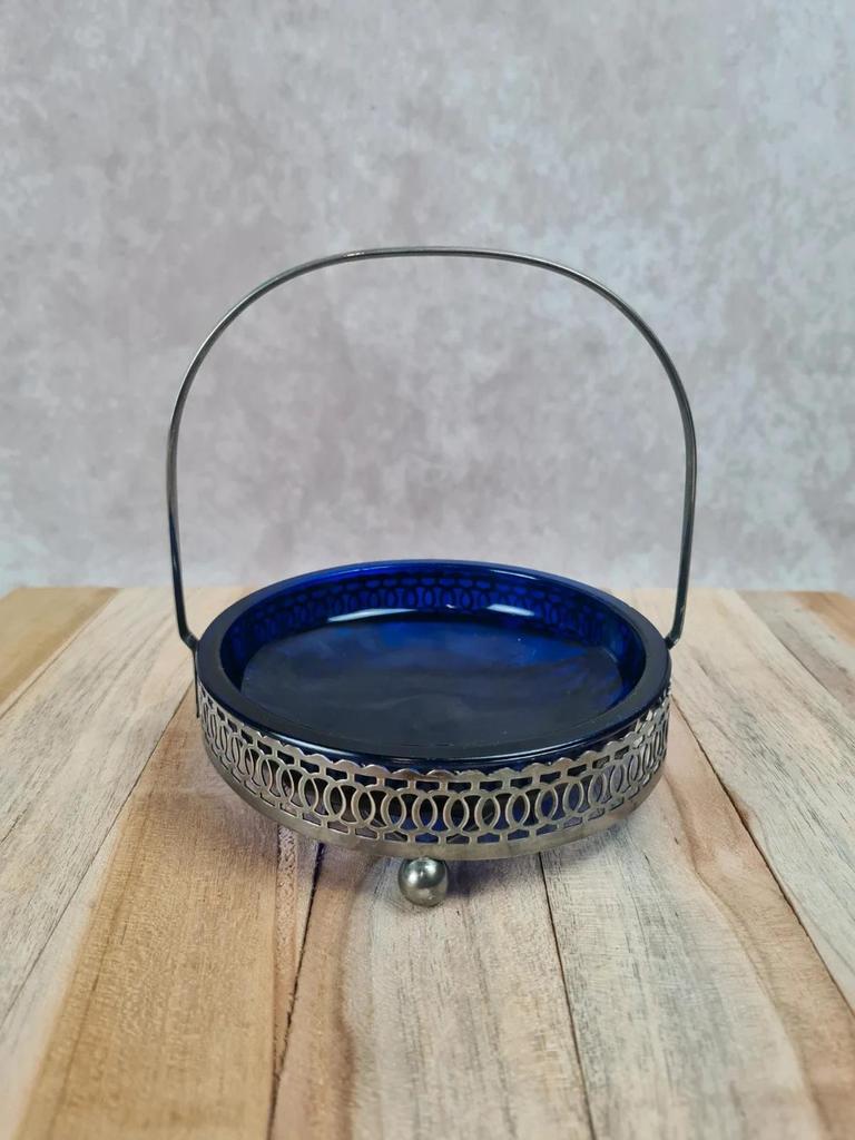 Petit présentoir vintage en métal argenté & verre bleu cobalt – Made in England