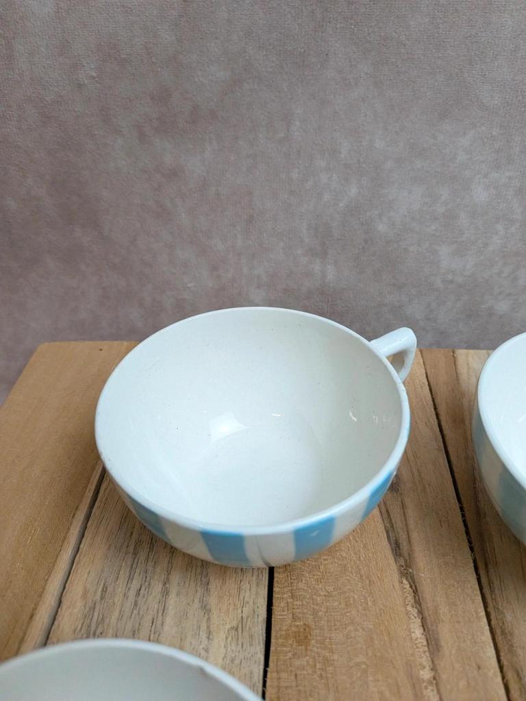 Lot de 6 tasses Terre de Fer Digoin France rayures bleues vintage