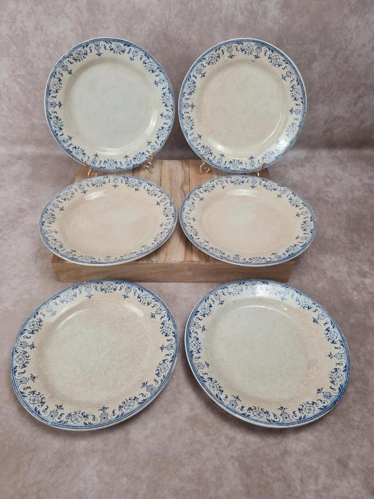 Lot de 6 assiettes plates anciennes Creil et Montereau, Service La Vallières, 23 cm