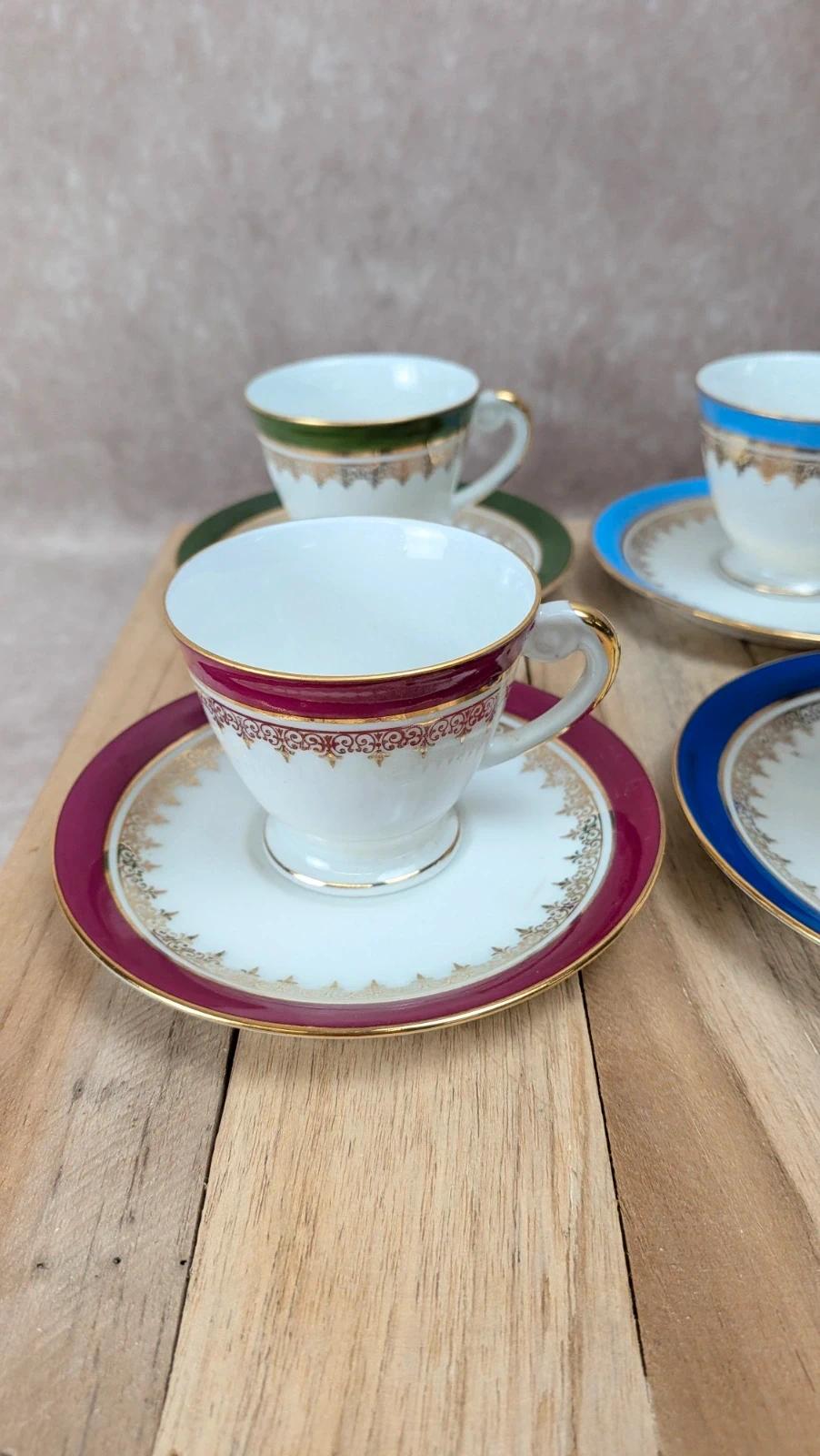 Lot 6 tasses et soucoupes en porcelaine de Limoges multicolores dorées