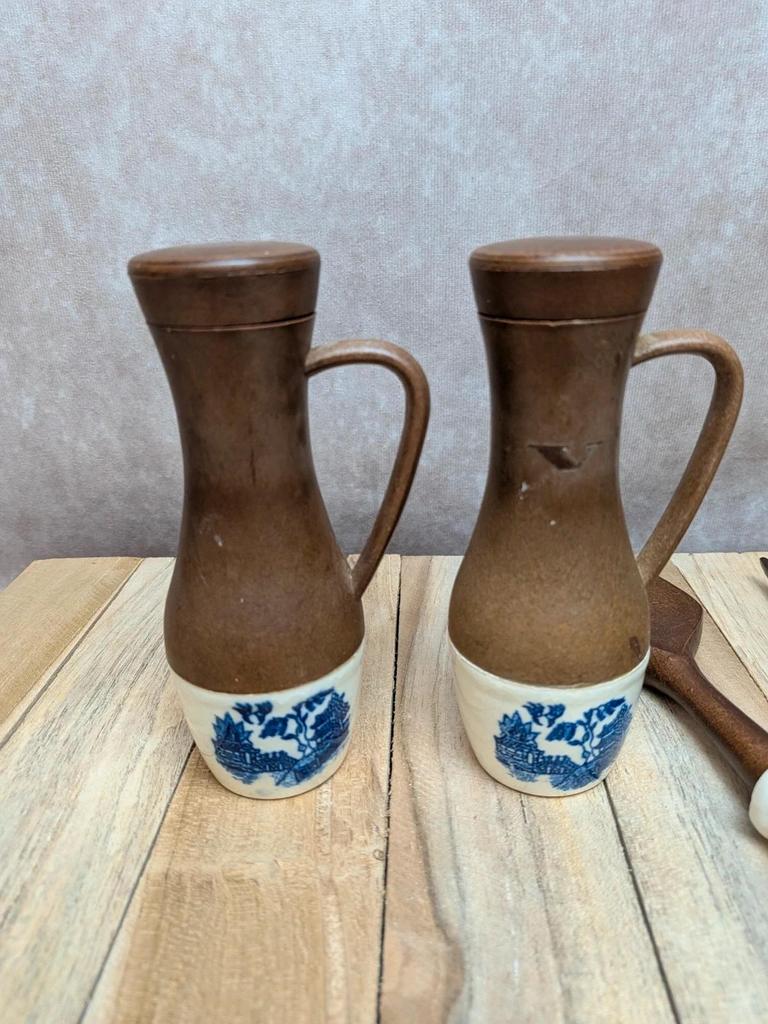 Set à salade vintage céramique & bois – Huilier/vinaigrier + couverts