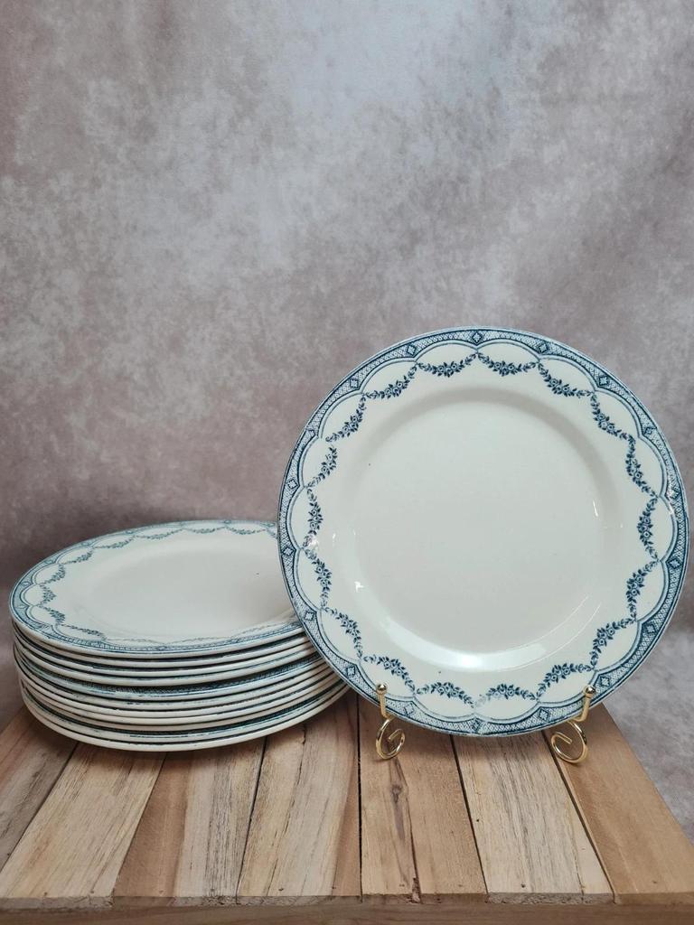 Lot de 12 assiettes plates anciennes Salins “petit Trianon” terre de fer bleu 💙