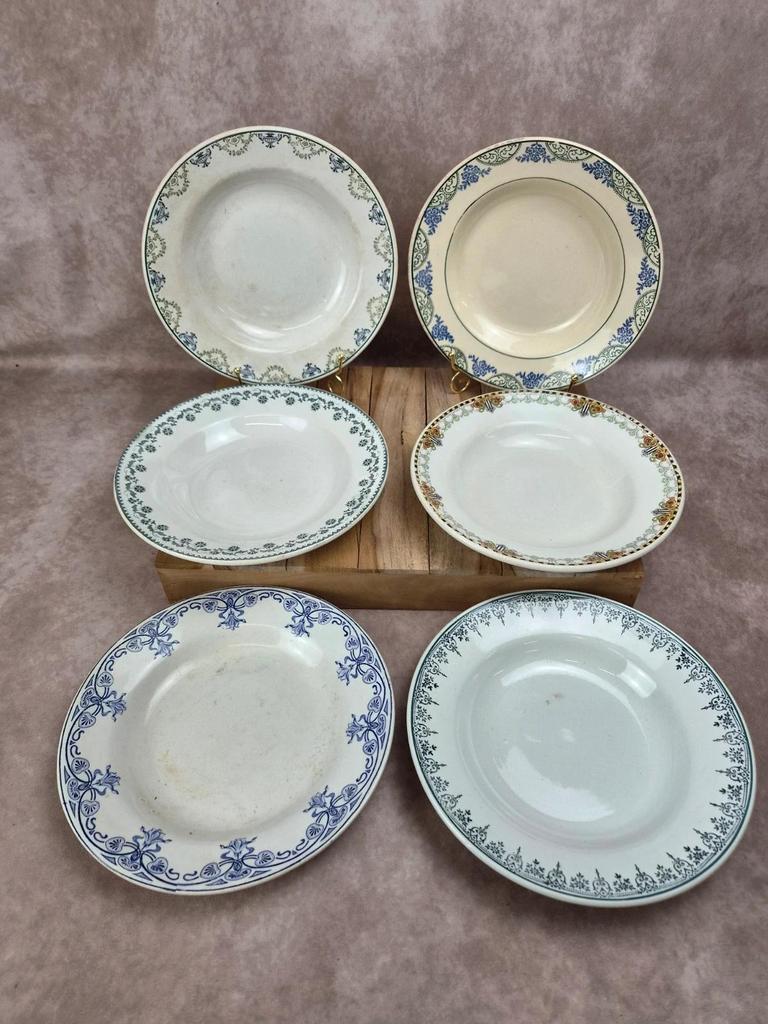 Lot de 6 assiettes creuses dépareillées vintage Terre de Fer & faïence ancienne