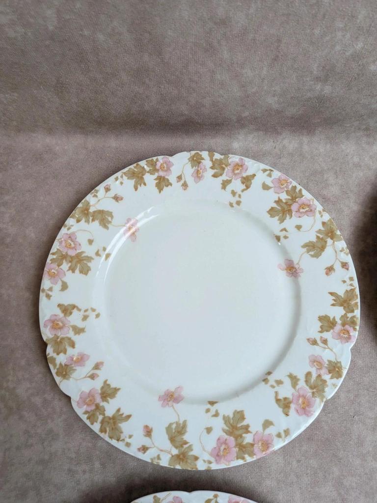 Lot de 6 assiettes vintage en porcelaine française – décor floral rose