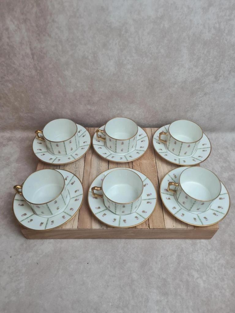 Lot de 6 tasses et soucoupes anciennes Limoges Drb – Art Déco doré 🌸