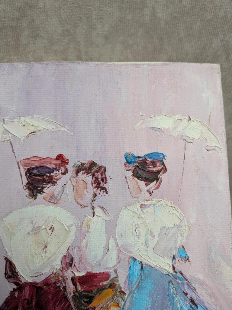 Tableau peinture au couteau signé M Hevillez scène élégante romantique relief