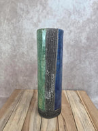 Grand vase d’atelier style raku bleu et vert signé – 30 cm
