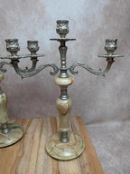 Paire de chandeliers vintage 3 feux métal argenté & onyx – Made in Italy