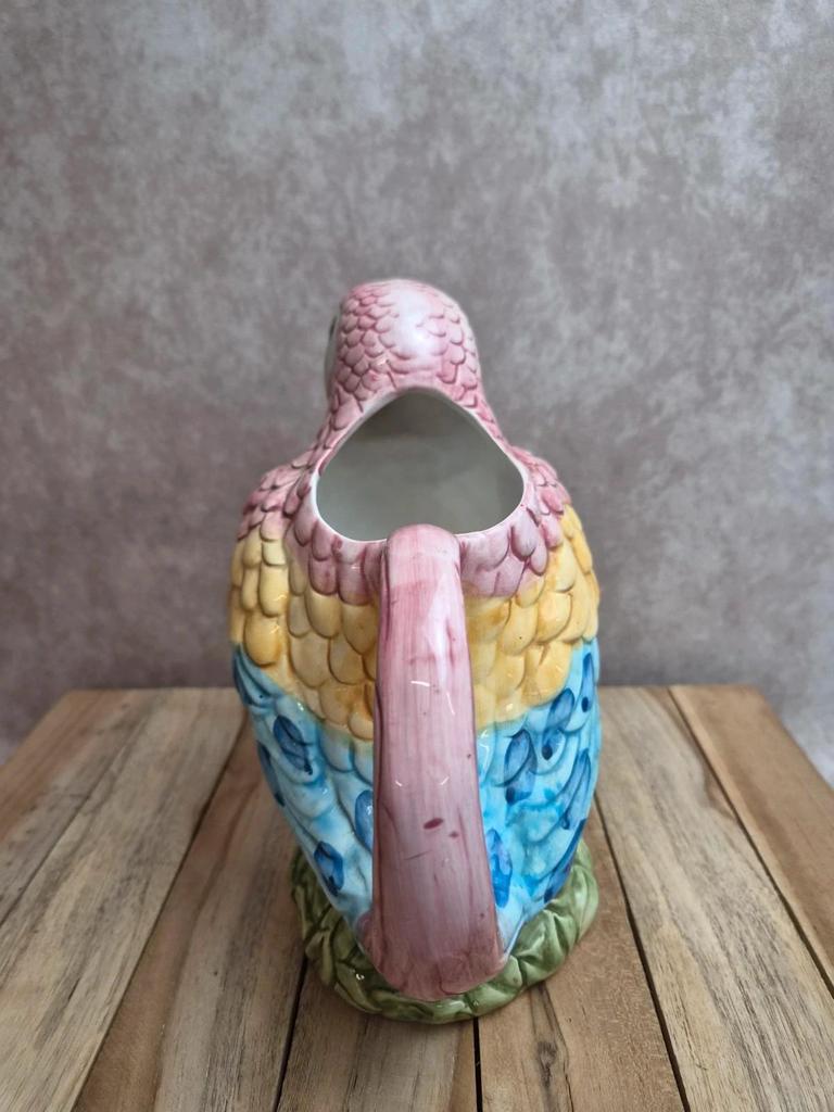 Pichet perroquet multicolore en barbotine – faïence vintage
