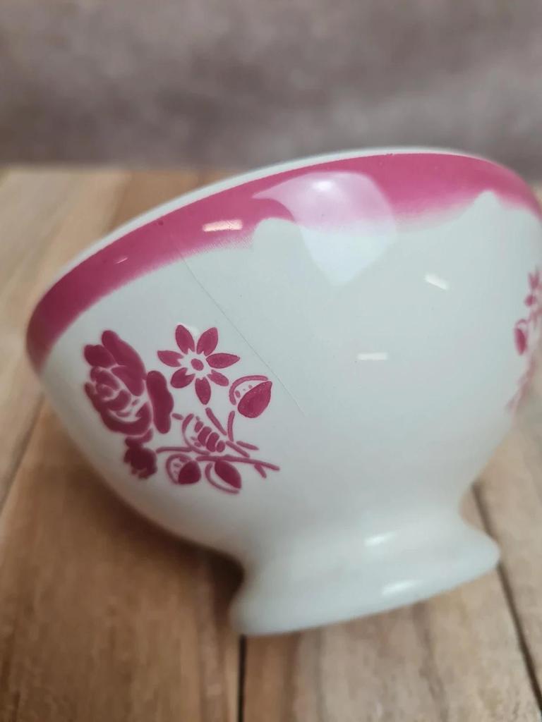 Petit bol ancien de dinette en faïence 🌸 décor floral rose – charme rétro