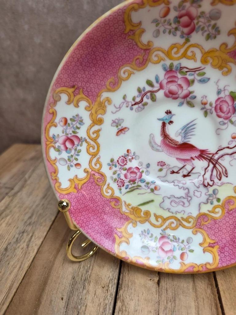 Sous-tasse ancienne Minton English Porcelain – décor oiseaux & fleurs roses – anglaise