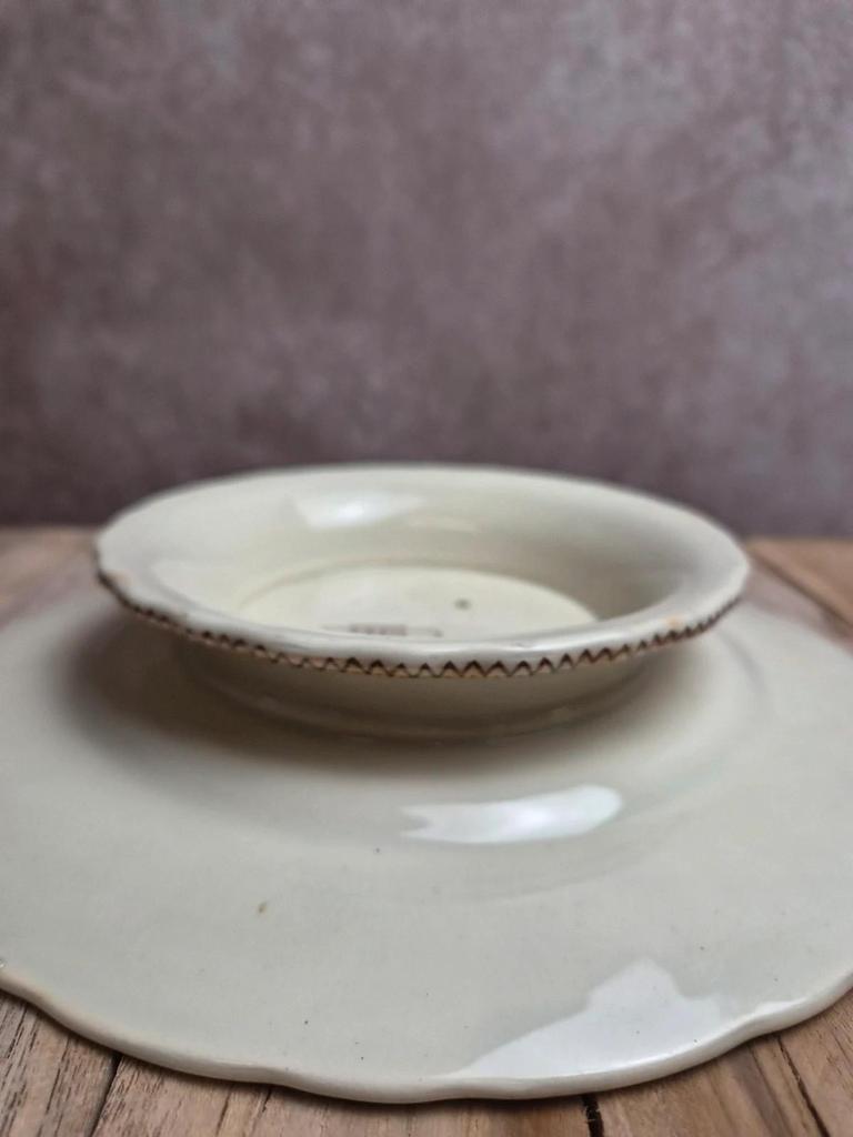 Compotier ancien Creil et Montereau B & Cie – faïence fine polychrome Xixe