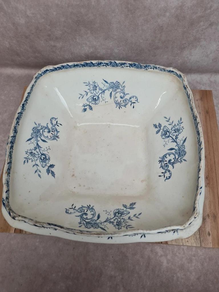 Saladier carré ancien Terre de Fer Clairefontaine Lg – Xixe – décor bleu 💙