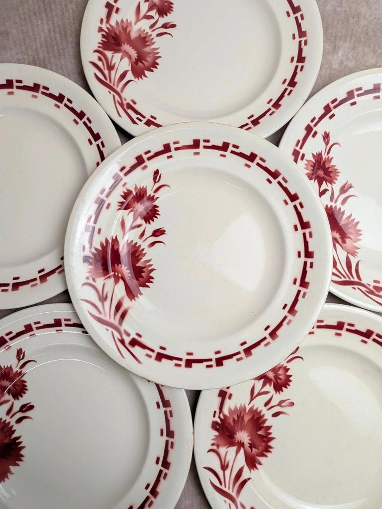 Lot de 6 assiettes plates en terre de fer Longwy – Modèle Viennois – Fleurs rouges