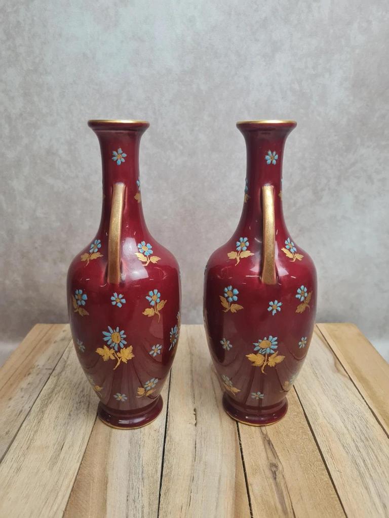 Paire de vases Sarreguemines modèle 1729 – vers 1895 – dépôt Émile Bourgeois – pièce rare