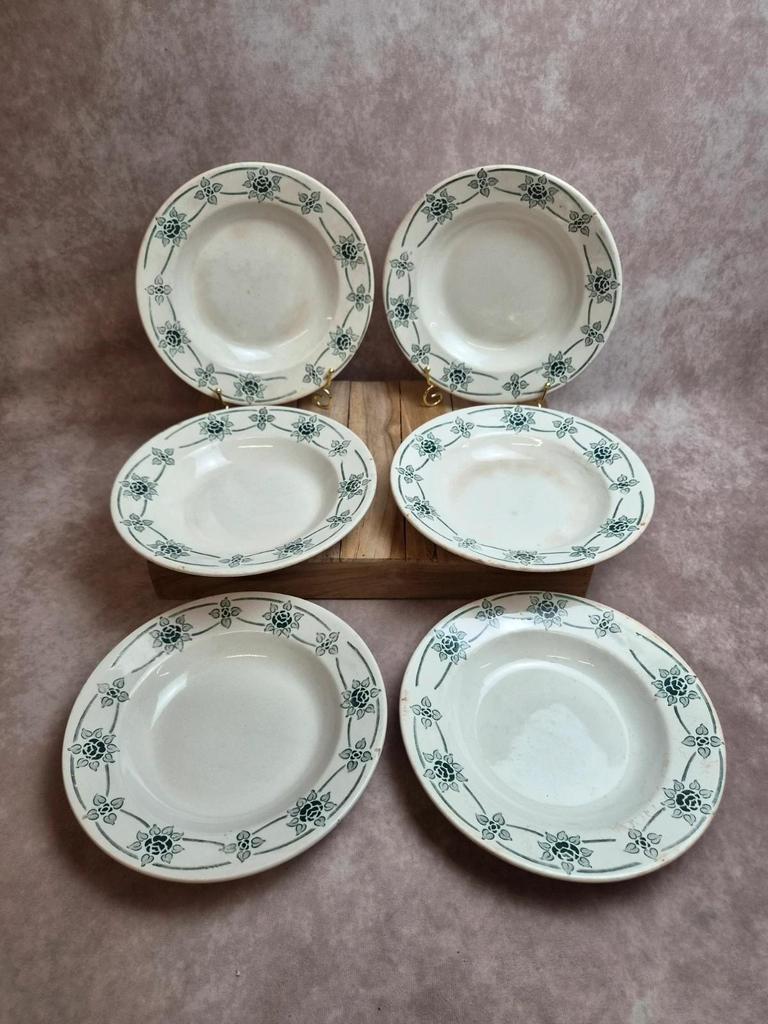Lot de 6 assiettes creuses anciennes Faïencerie Nouvelle Givors – Modèle Simone – Faïence française