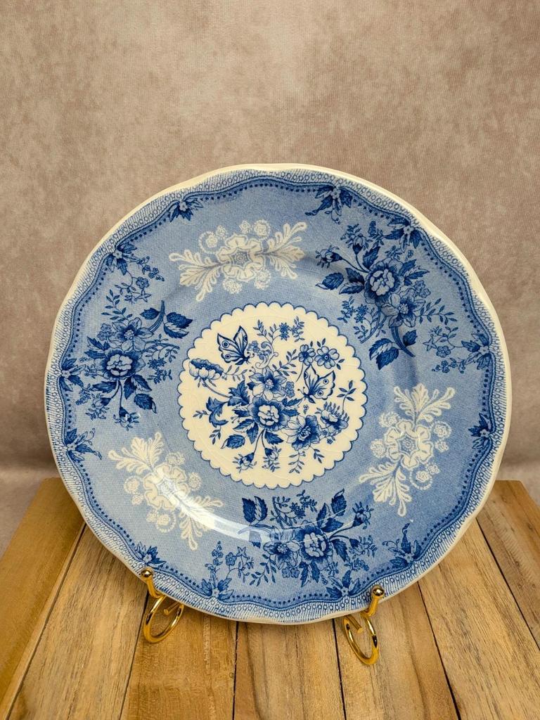 Assiette anglaise Ironstone bleu décor floral & papillons