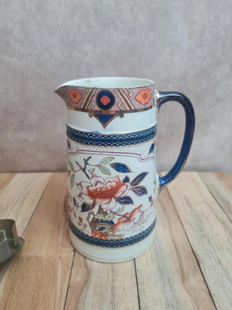 Pichet ancien Burleigh Ware Angleterre décor floral doré bleu cobalt avec couvercle