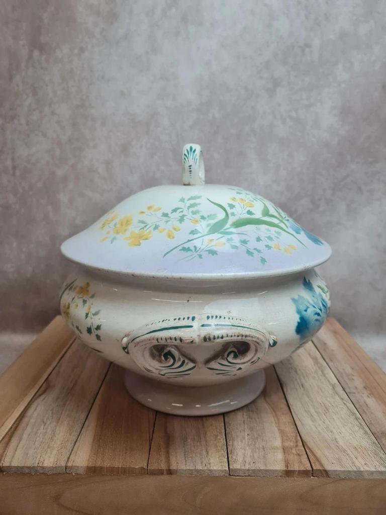 Soupière ancienne terre de fer St Amand Lebacqz Bouchard décor pavot polychrome 💙🌿