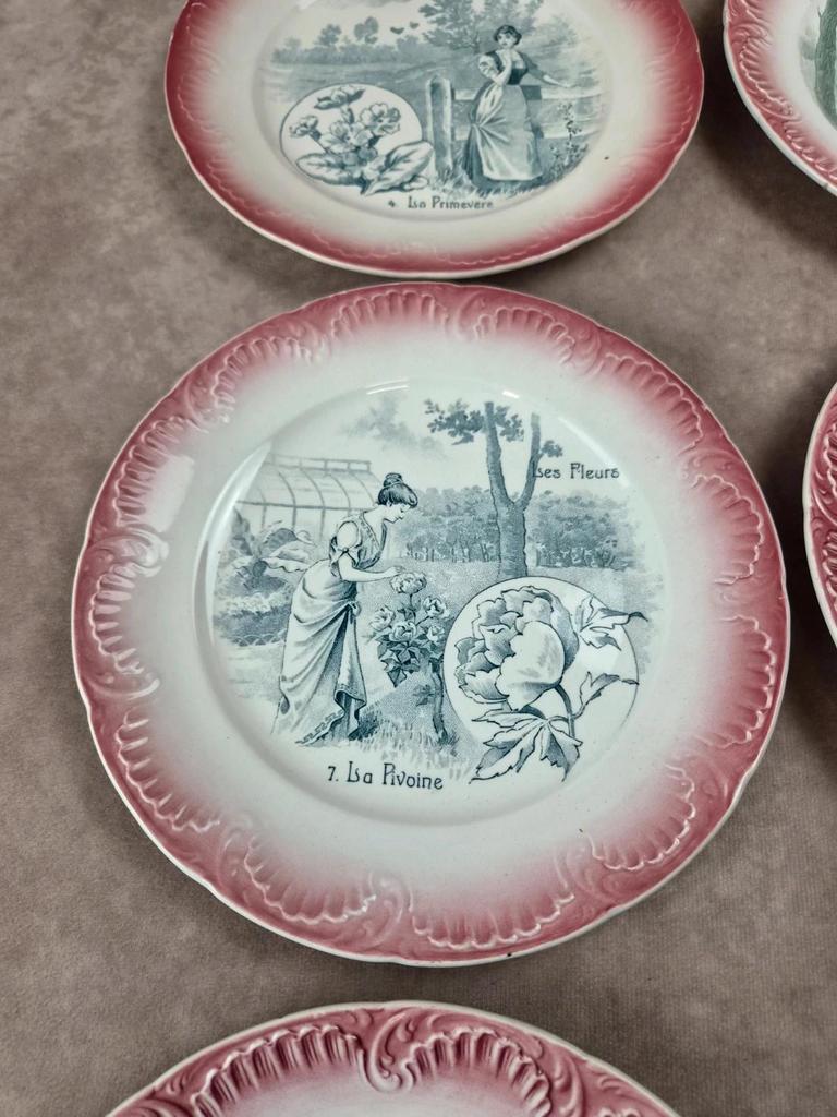 Série complète 12 assiettes parlantes Digoin Sarreguemines, terre de fer, Les Fleurs vintage