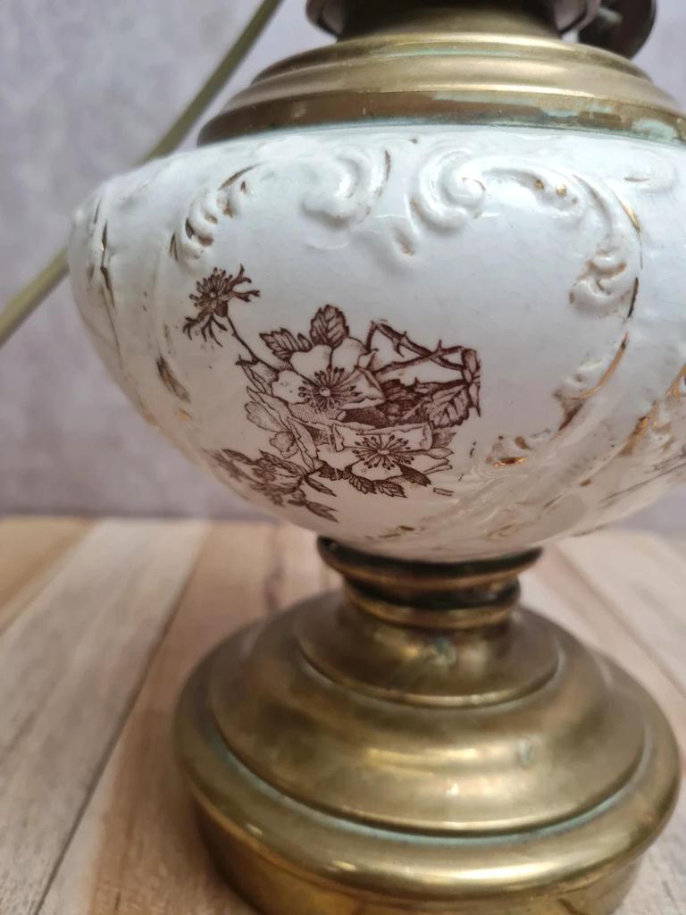 Lampe ancienne détournée – pied en terre de fer & laiton – esprit brocante