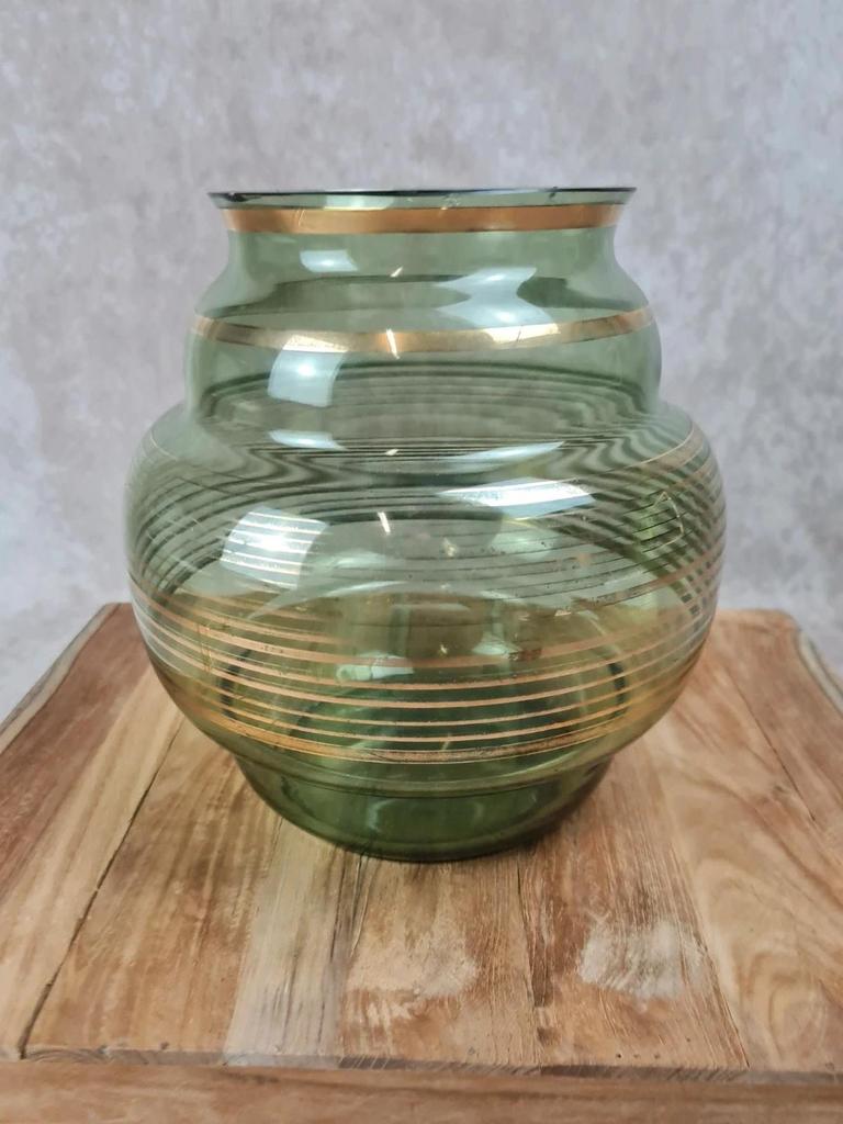 🪞 Grand vase ancien en verre vert doré signé Fains