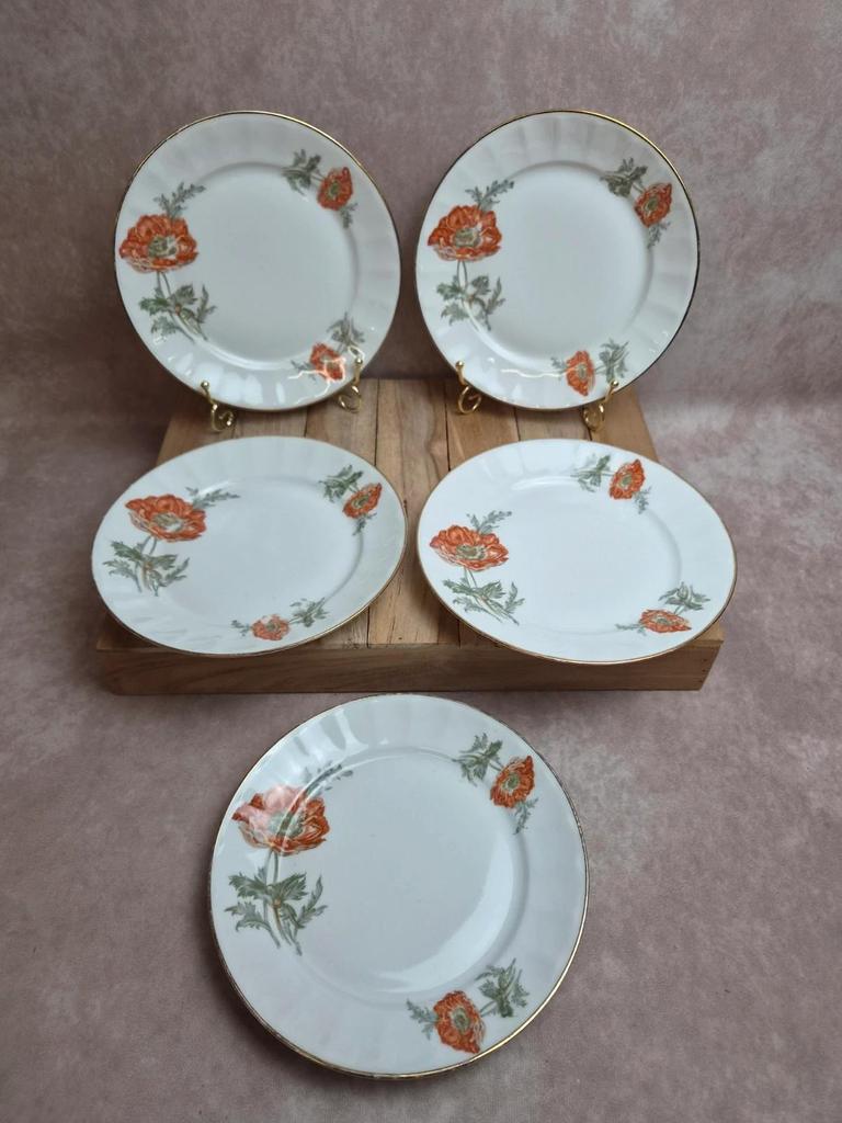 Lot de 5 assiettes à dessert en porcelaine – Décor floral coquelicots