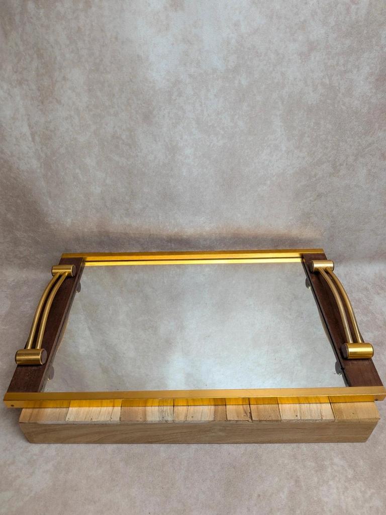 Plateau vintage Art Déco bois & métal doré