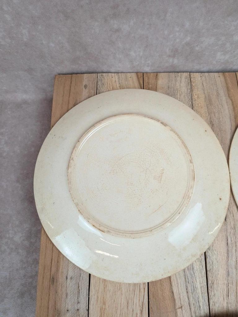 Lot de 3 assiettes plates anciennes en terre de fer des Établissements Debray, service Clichy
