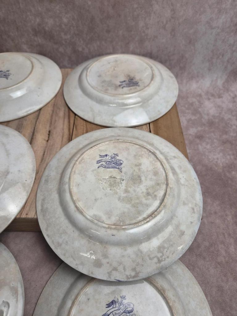 Lot de 8 assiettes à dessert anciennes anglaises J. Marshall & Co Bosphorus faïence violette Xixe