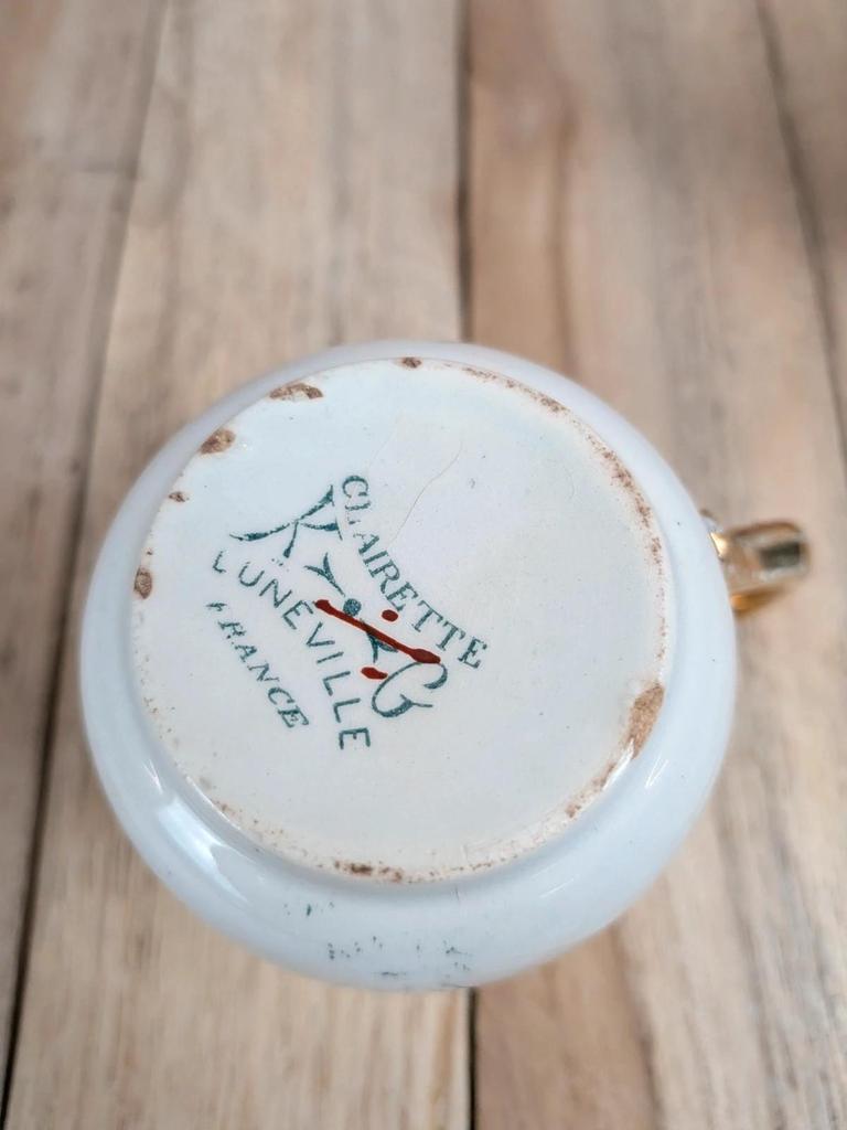 Tasse et soucoupe anciennes Terre de Fer Lunéville Kg – Modèle Clairette – Polychrome