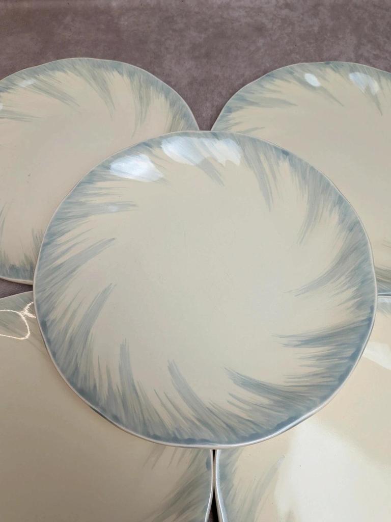 6 assiettes plates Terre de fer Salins décor bleu nuagé
