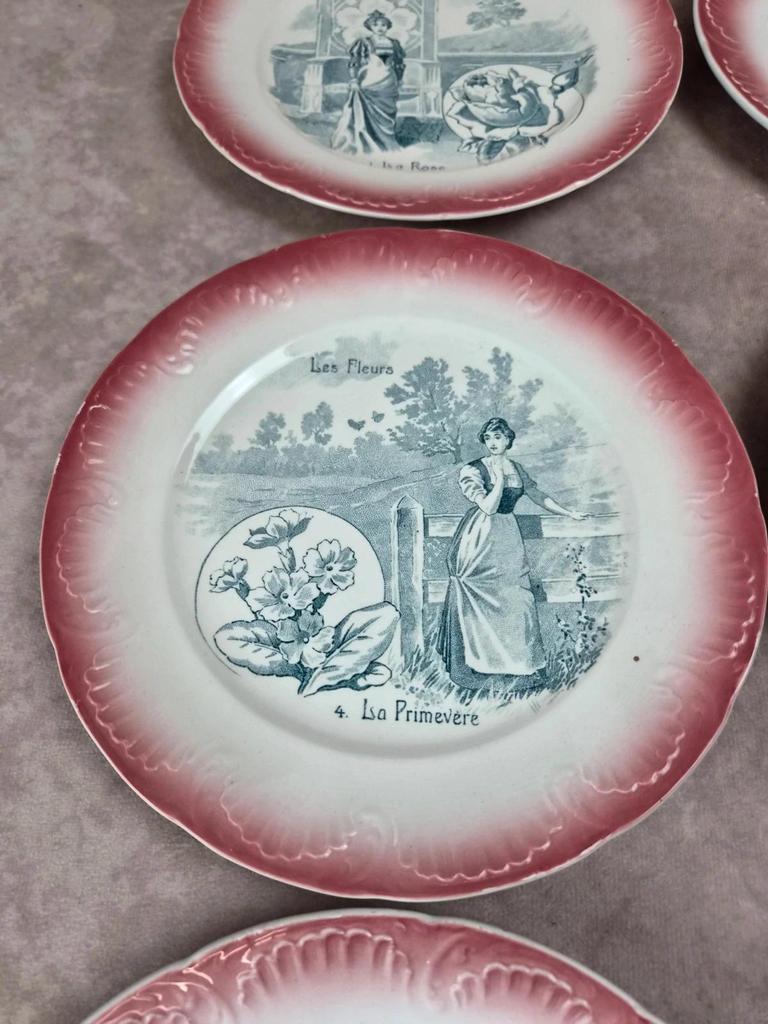 Série complète 12 assiettes parlantes Digoin Sarreguemines, terre de fer, Les Fleurs vintage
