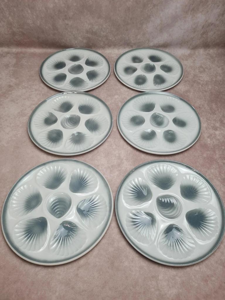 Lot 12 assiettes à huîtres + plat Moulin des Loups – service ancien bleu gris 🌊🦪