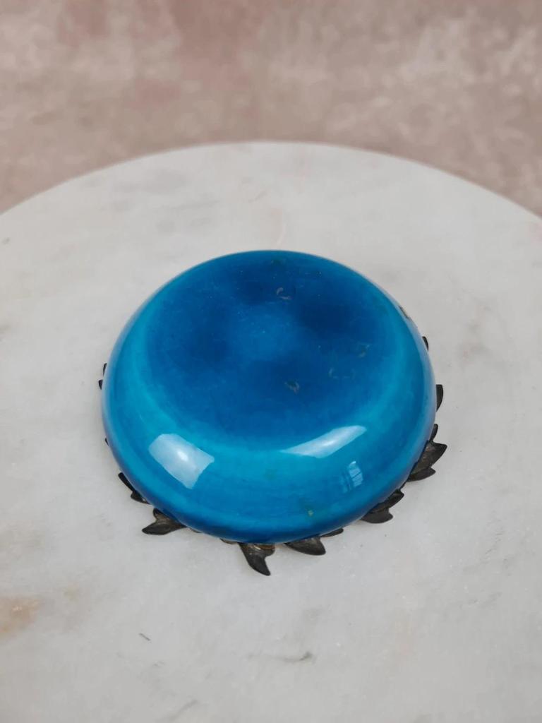 Petit vide-poche ancien en émail bleu craquelé & monture métal argenté 🌿💙