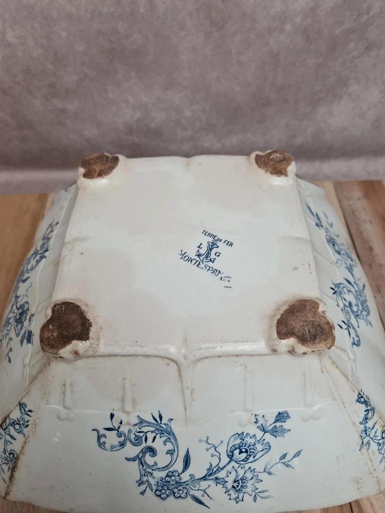 Saladier carré ancien Terre de Fer Clairefontaine Lg – Xixe – décor bleu 💙