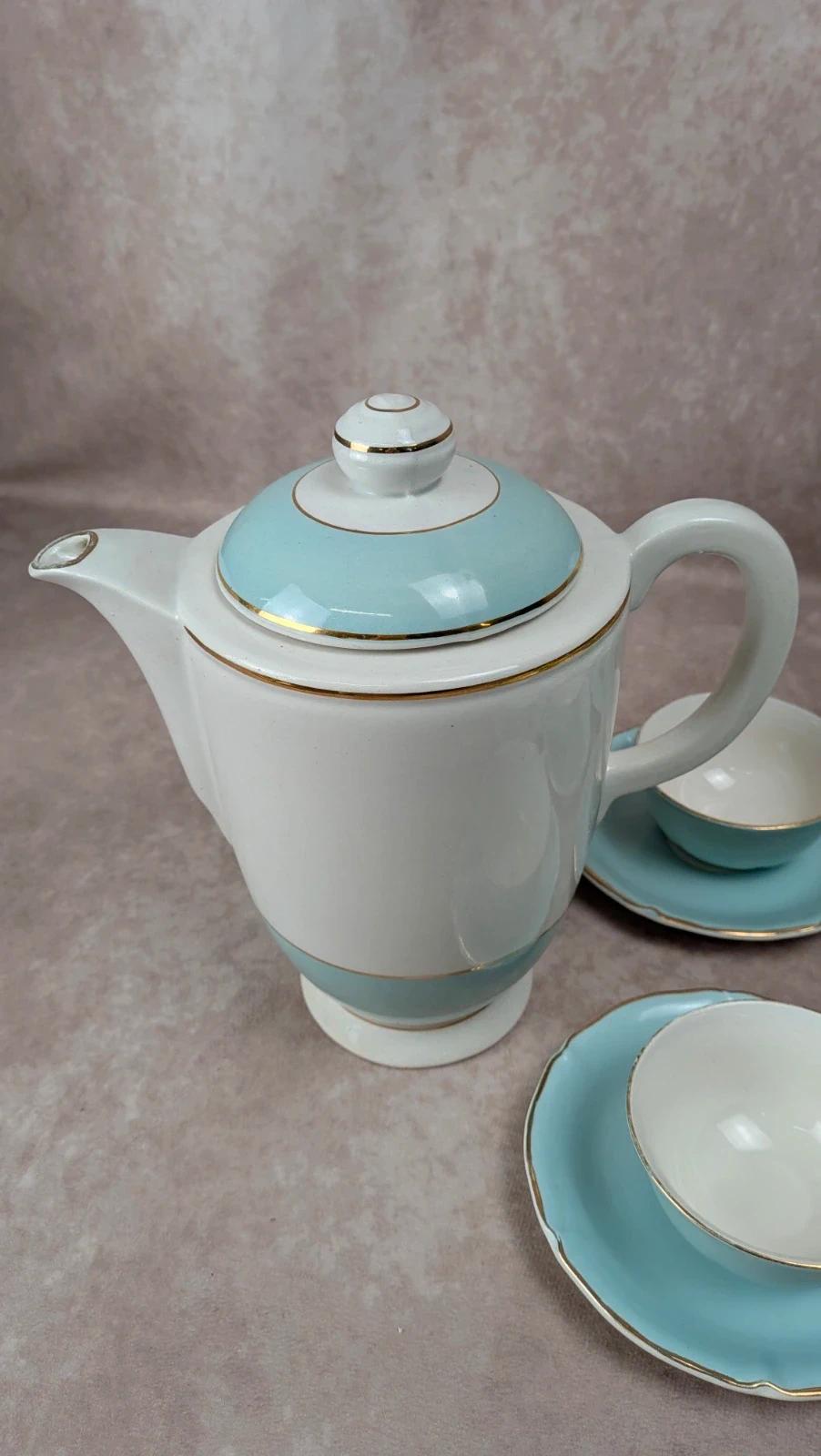 Service à thé vintage bleu céladon – théière Lunéville + 10 tasses Ceranord