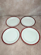 Lot de 4 grandes assiettes anciennes faïence liseré rouge festonné