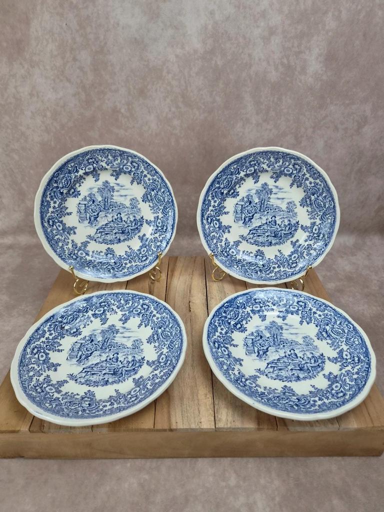 Lot de 4 assiettes à dessert vintage Lunéville modèle English – décor Toile de Jouy bleu