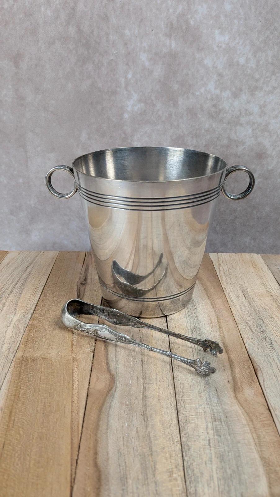 Seau à glaçons ancien en métal argenté avec pince – esprit bistrot chic