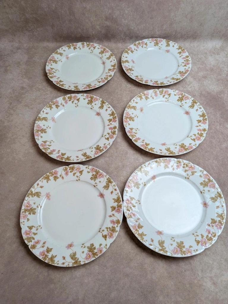 Lot de 6 assiettes vintage en porcelaine française – décor floral rose