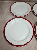 Lot de 4 grandes assiettes anciennes faïence liseré rouge festonné