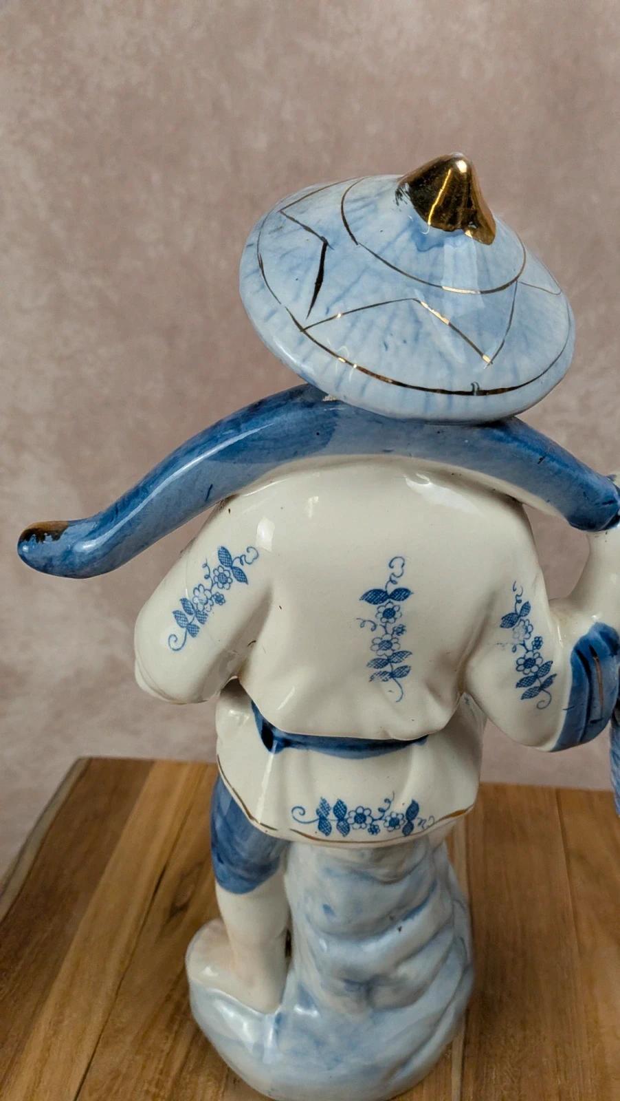 Figurine chinoise ancienne en porcelaine bleu et blanc – personnage au panier
