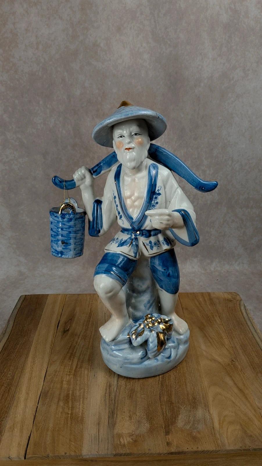 Figurine chinoise ancienne en porcelaine bleu et blanc – personnage au panier